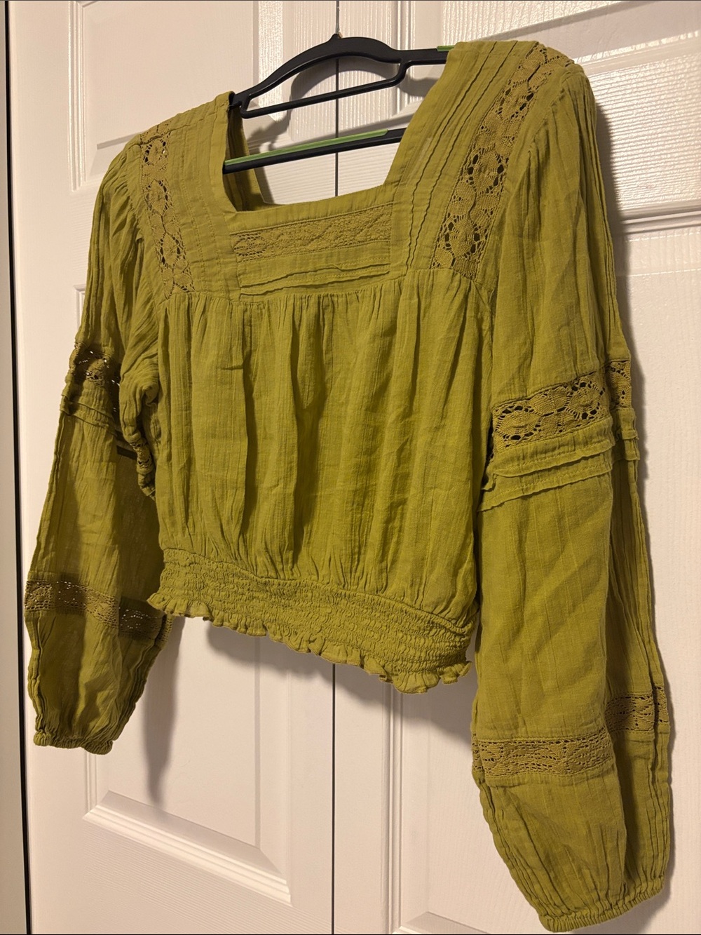 American Eagle Outfitters Olive Green Crop Peasant Blouse - Square Neck